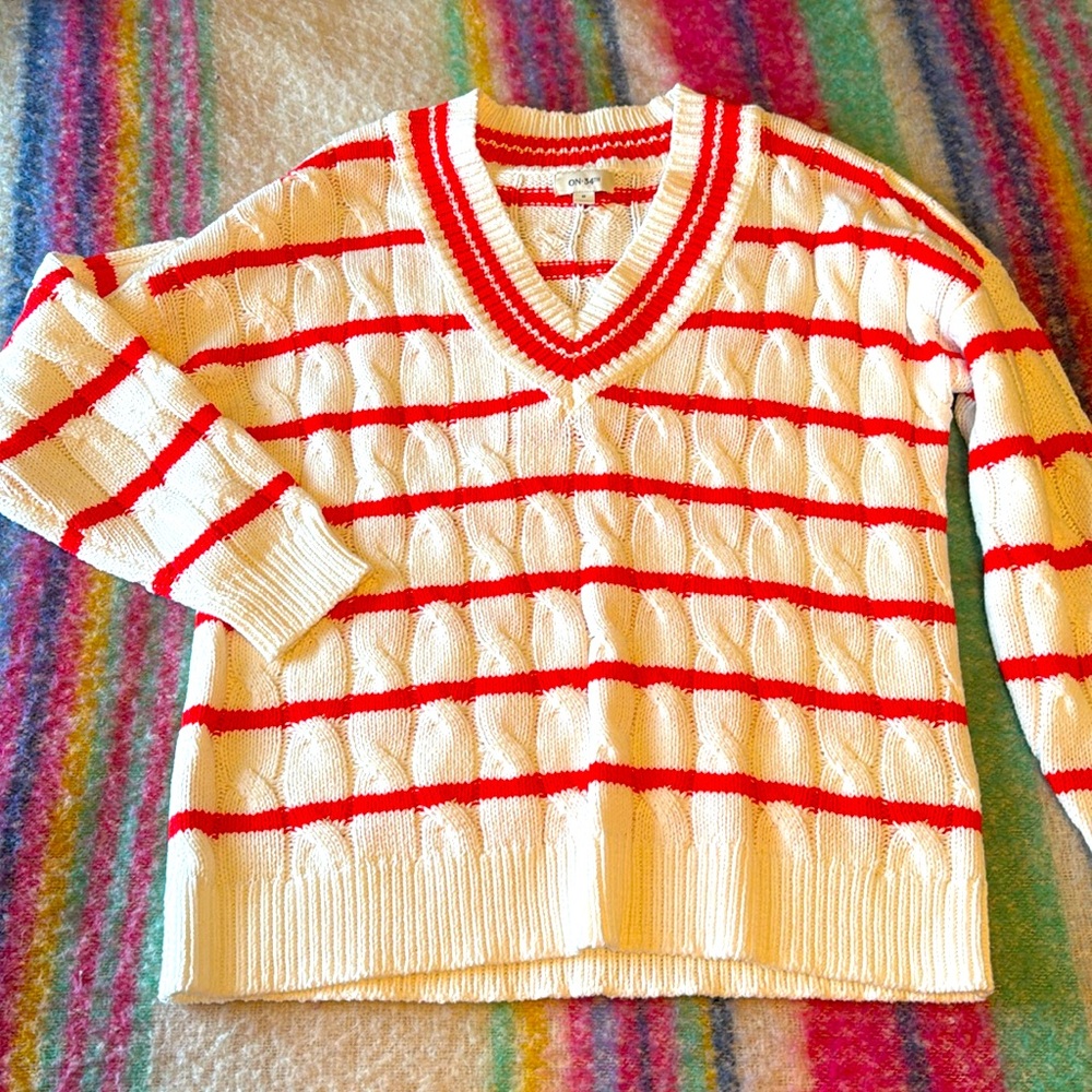 Red and Cream V-Neck Sweater
